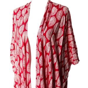 STYLEPARK1 Pink White Leaf Long Open Pockets Swim Cover Up Kaftan Kimono Boho
